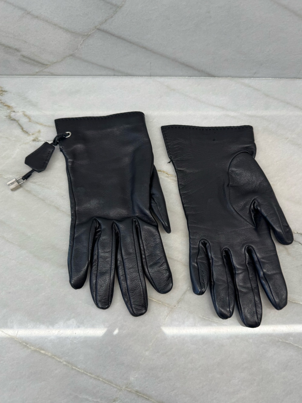 Hermes Black Lambskin Leather Clochette Lock Gloves